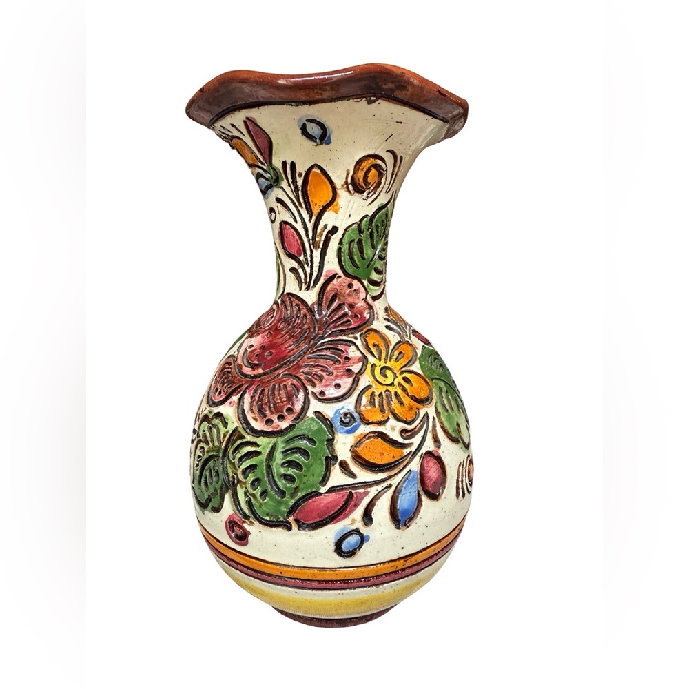 Vintage Hand Painted Italian Pottery 8” Vase with Floral Design